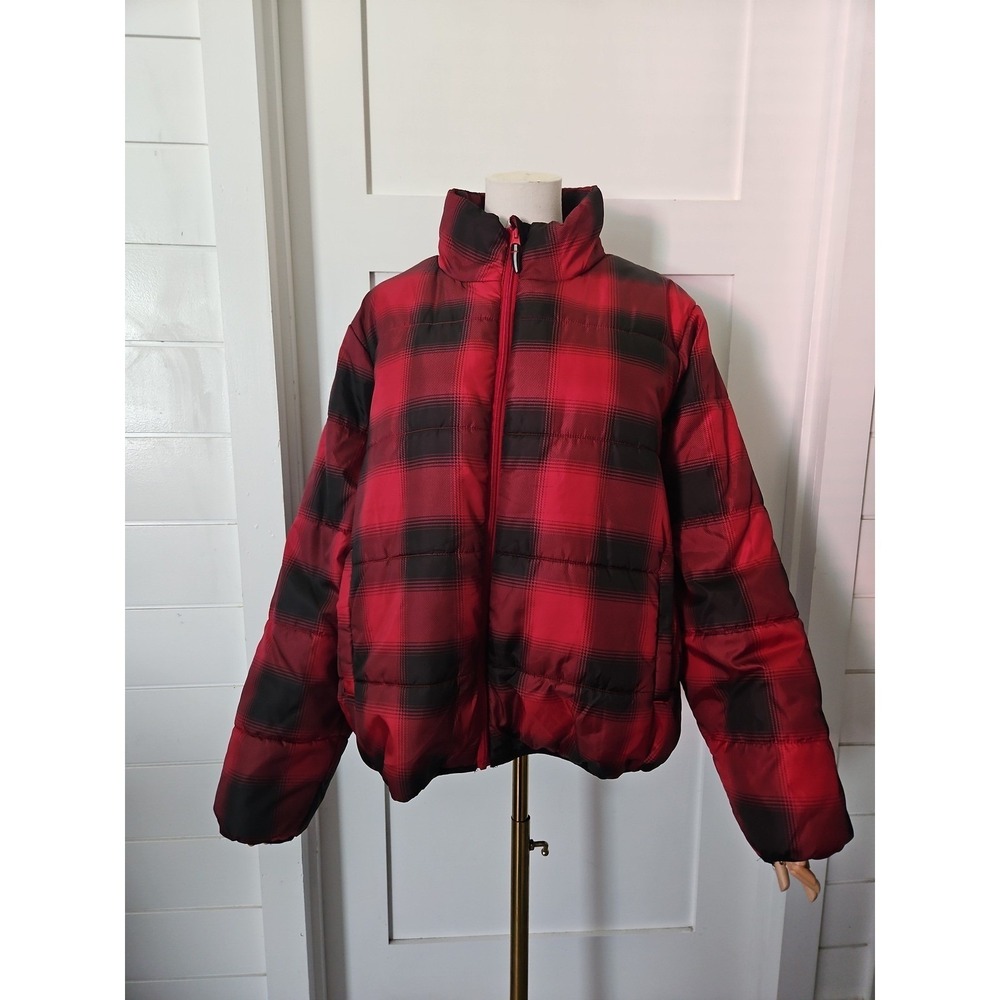 Universal Thread Puffer Jacket Womens XXL Red Black Buffalo Plaid Water Resistan